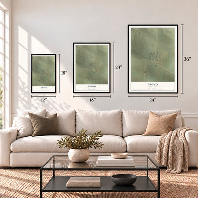 Provo, South Dakota map in 12 x 18, 18 x 24 and 24 x 36 inch sizes above a sofa