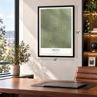 Provo, South Dakota map, 18 x 24 inch print in a black frame in a home office