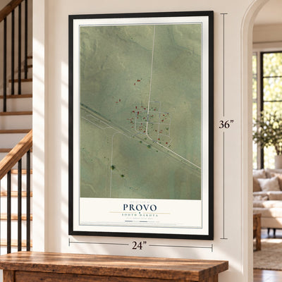 Provo, South Dakota map, 24 x 36 inch print in a black frame by a staircase