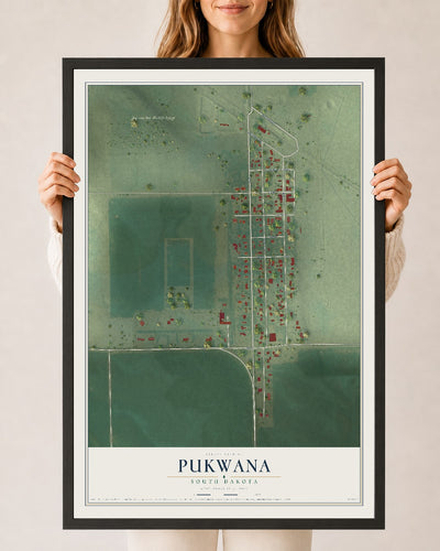 Map of Pukwana, South Dakota, 24 x 36 inch print in a black wood frame