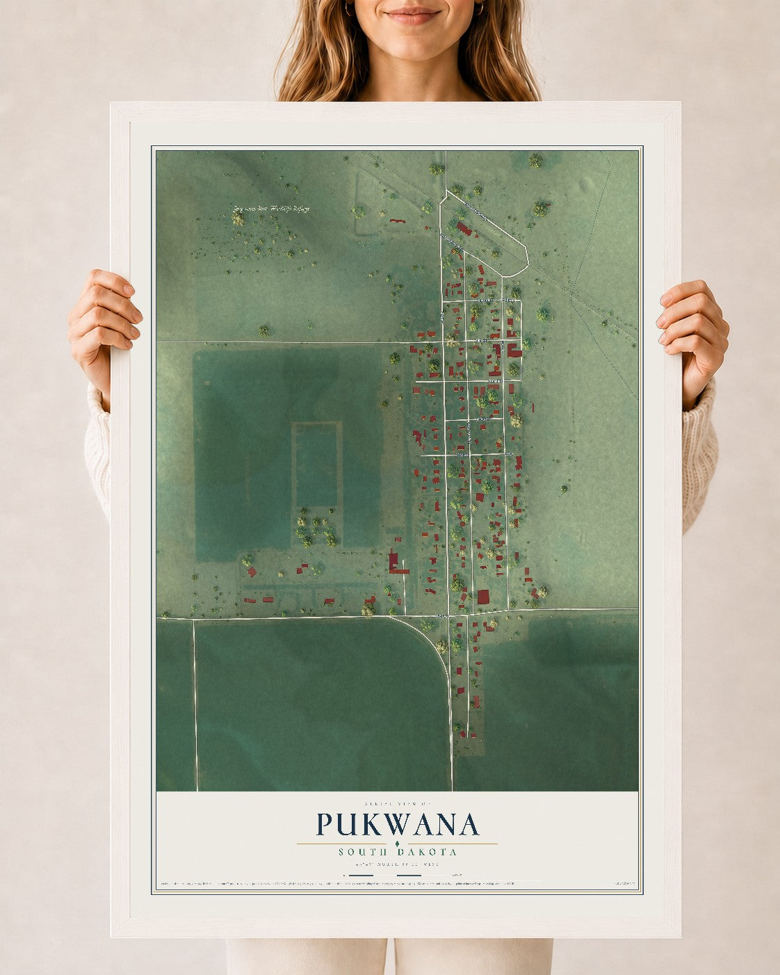Map of Pukwana, South Dakota, 24 x 36 inch print in a white wood frame
