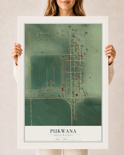 Map of Pukwana, South Dakota, 24 x 36 inch print in a white wood frame
