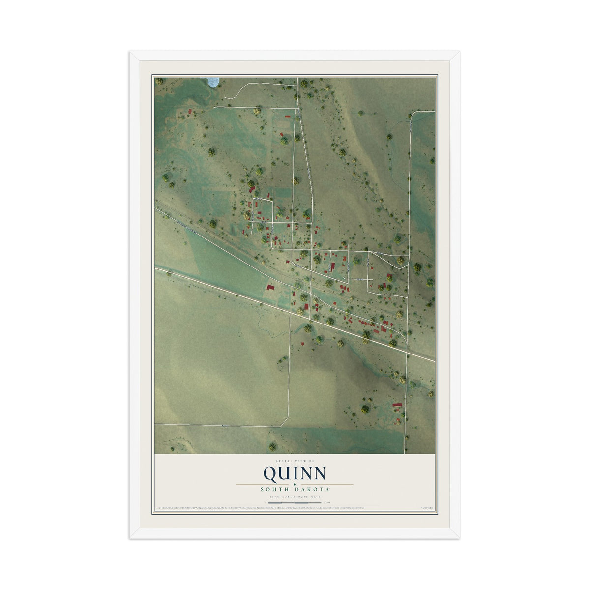 Map of Quinn, South Dakota, 12 x 18 inch print in a white wood frame