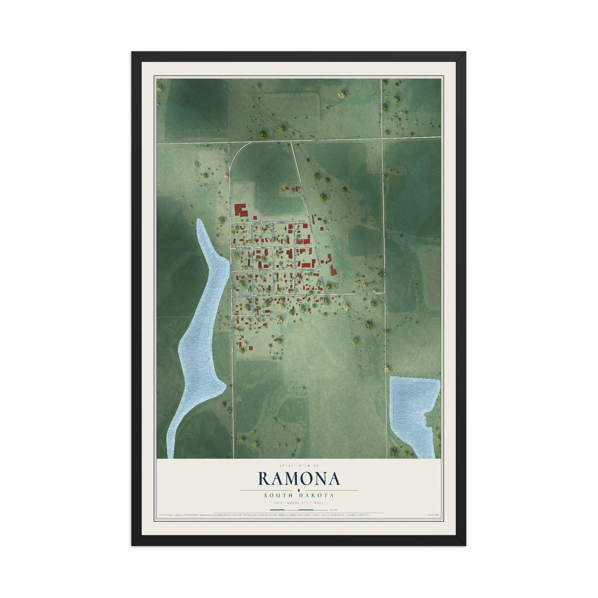 Map of Ramona, South Dakota, 12 x 18 inch print in a black wood frame