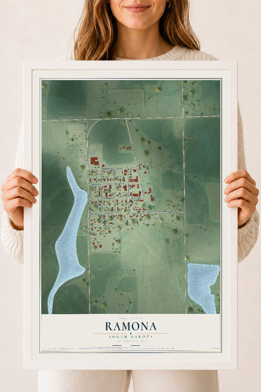 Map of Ramona, South Dakota, 18 x 24 inch print in a white wood frame