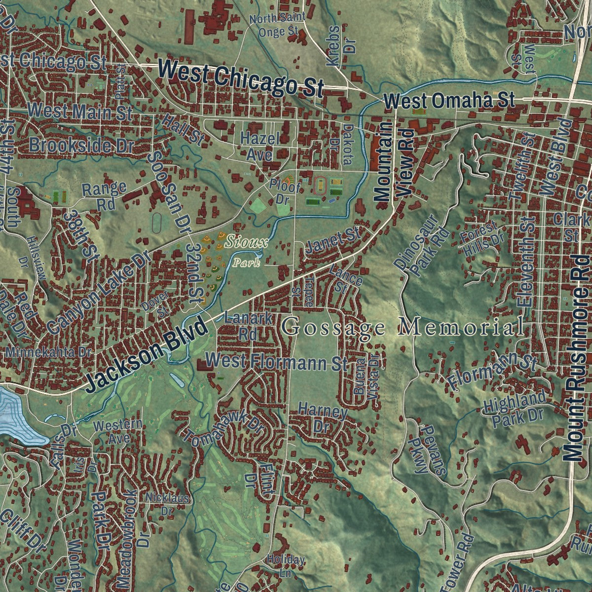 Close-up of the map of Rapid City, South Dakota print showing street and building detail