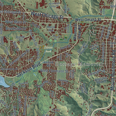 Close-up of the map of Rapid City, South Dakota print showing street and building detail