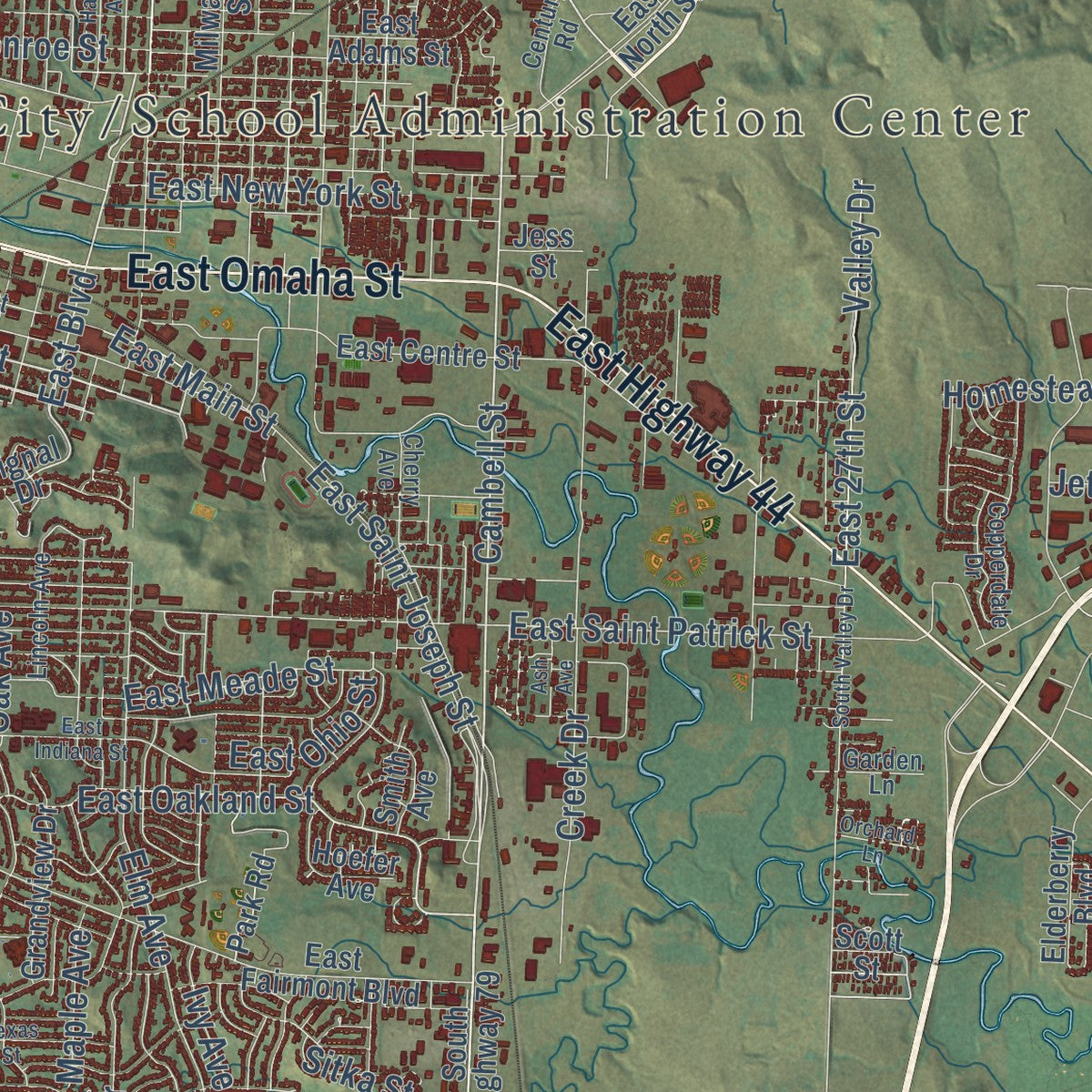 Second close-up of the map of Rapid City, South Dakota print showing more streets and buildings