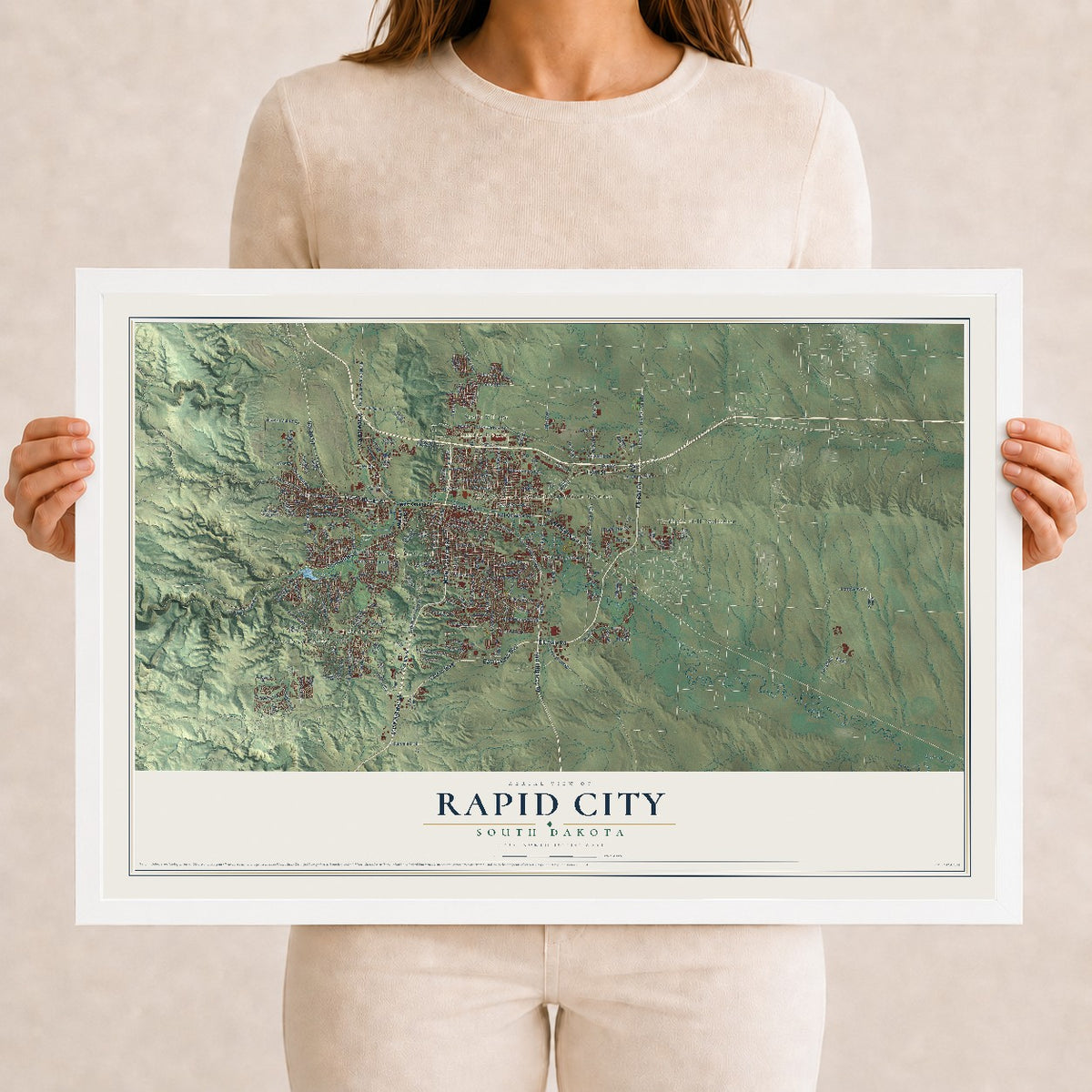 Map of Rapid City, South Dakota, 12 x 18 inch print in a white wood frame