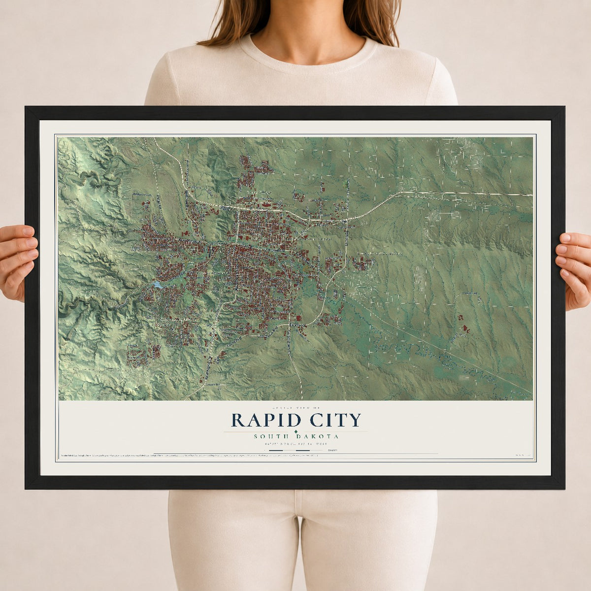Map of Rapid City, South Dakota, 18 x 24 inch print in a black wood frame