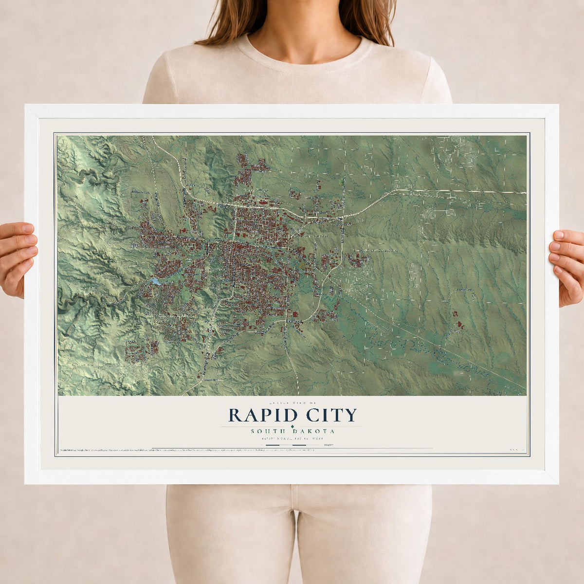Map of Rapid City, South Dakota, 18 x 24 inch print in a white wood frame