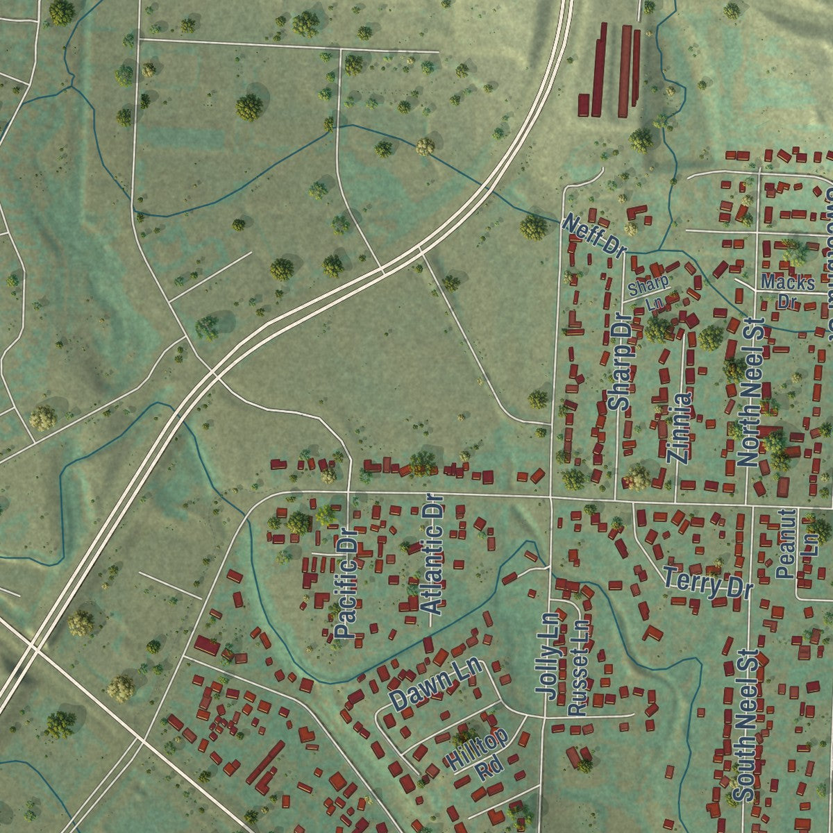 Second close-up of the map of Rapid Valley, South Dakota print showing more streets and buildings