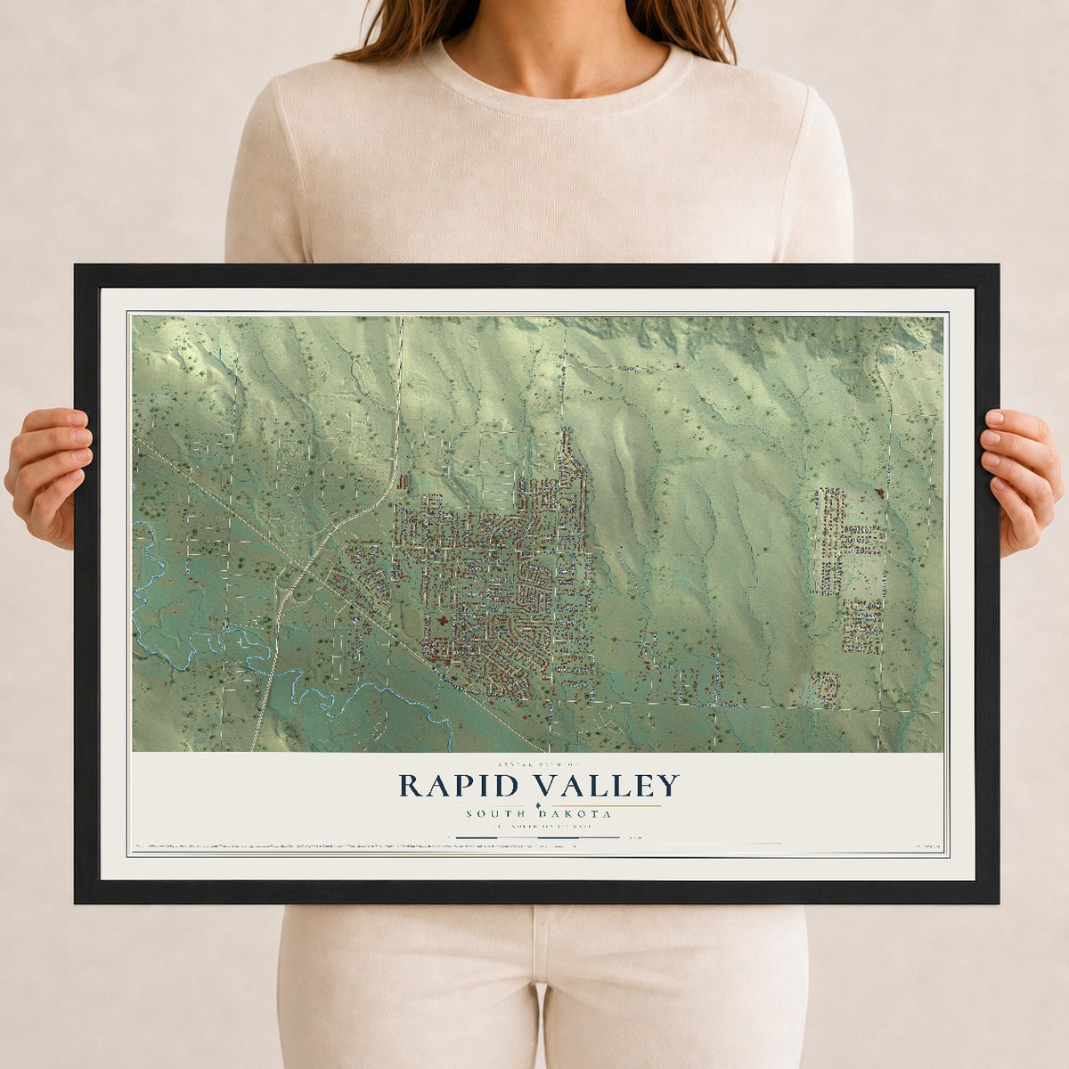 Map of Rapid Valley, South Dakota, 12 x 18 inch print in a black wood frame