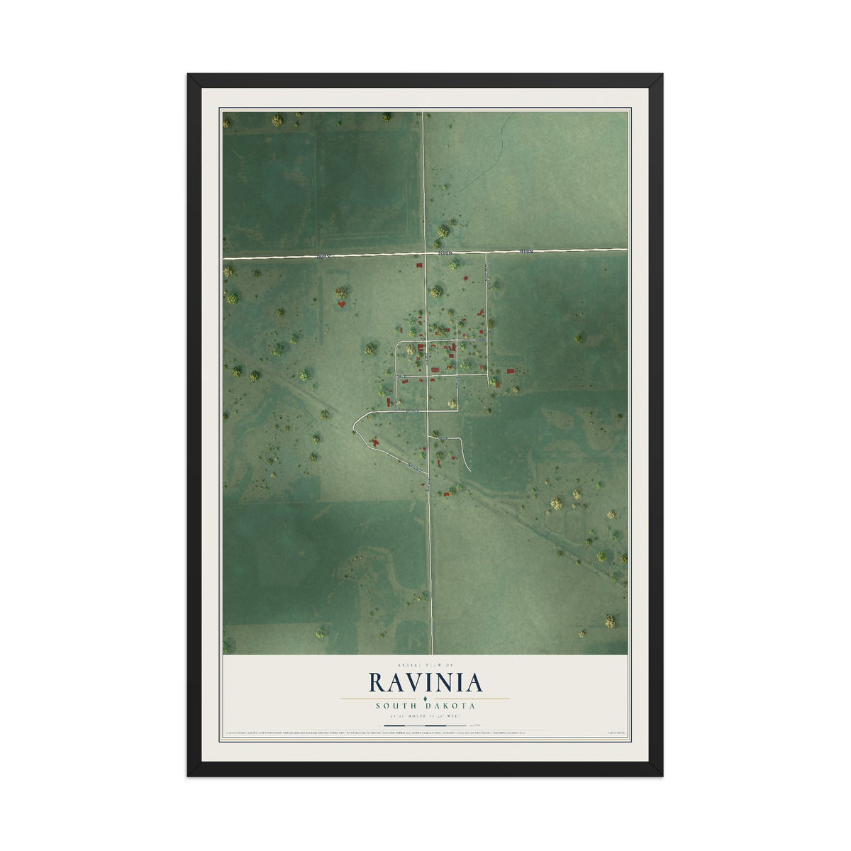 Map of Ravinia, South Dakota, 12 x 18 inch print in a black wood frame