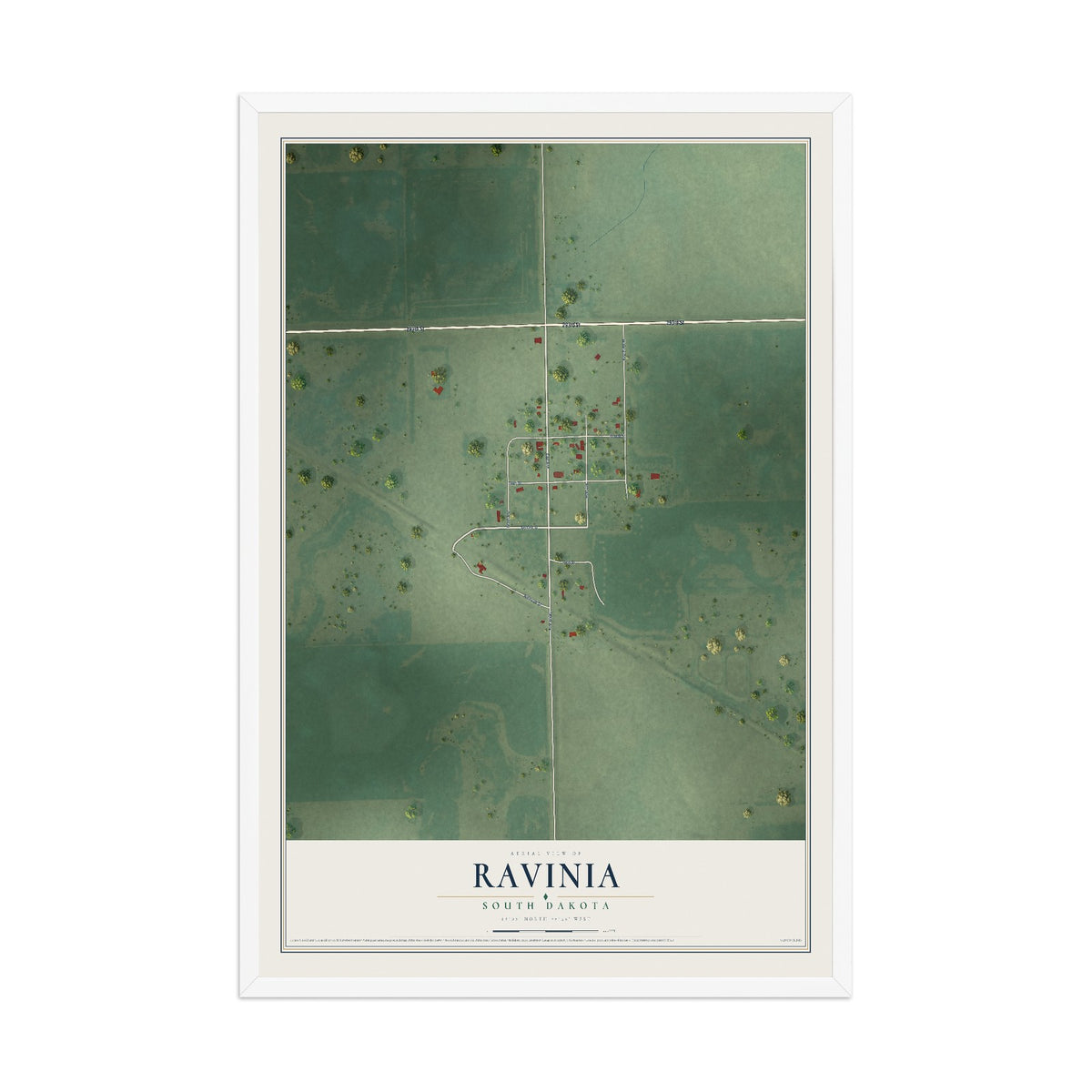 Map of Ravinia, South Dakota, 12 x 18 inch print in a white wood frame