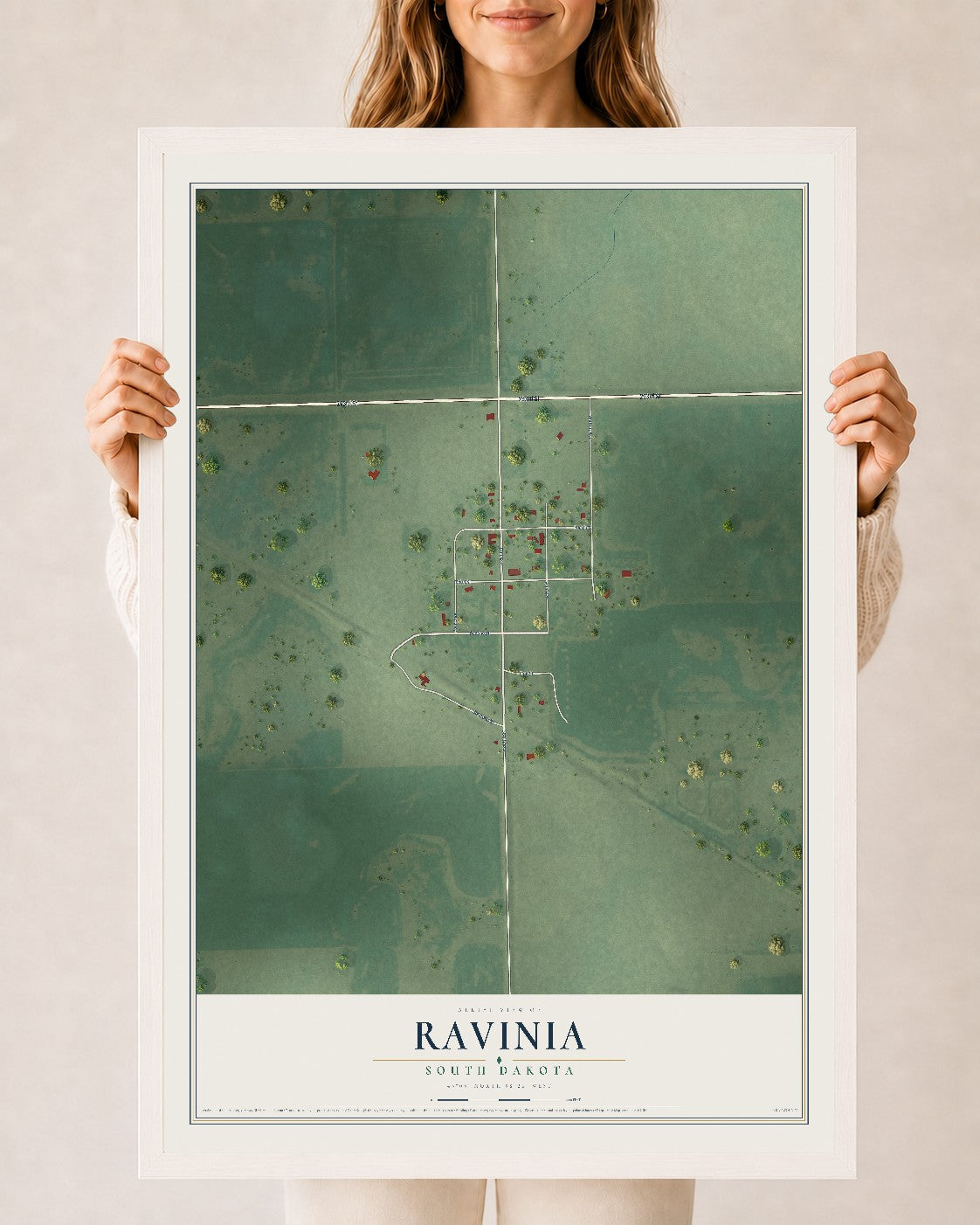 Map of Ravinia, South Dakota, 24 x 36 inch print in a white wood frame