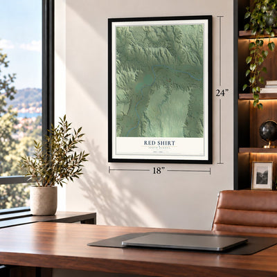 Red Shirt, South Dakota map, 18 x 24 inch print in a black frame in a home office