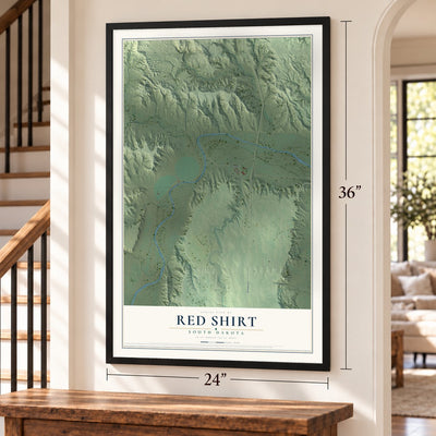 Red Shirt, South Dakota map, 24 x 36 inch print in a black frame by a staircase