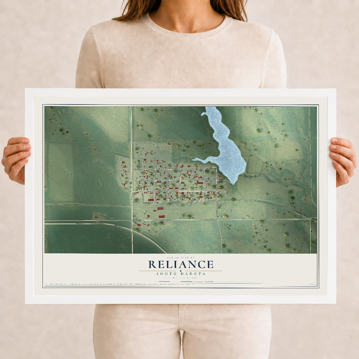 Map of Reliance, South Dakota, 12 x 18 inch print in a white wood frame
