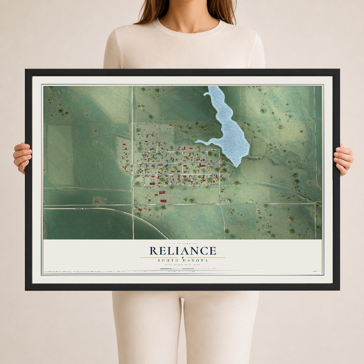 Map of Reliance, South Dakota, 24 x 36 inch print in a black wood frame
