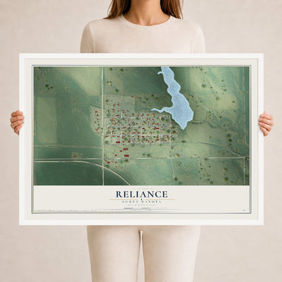 Map of Reliance, South Dakota, 24 x 36 inch print in a white wood frame