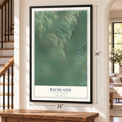 Richland, South Dakota map, 24 x 36 inch print in a black frame by a staircase