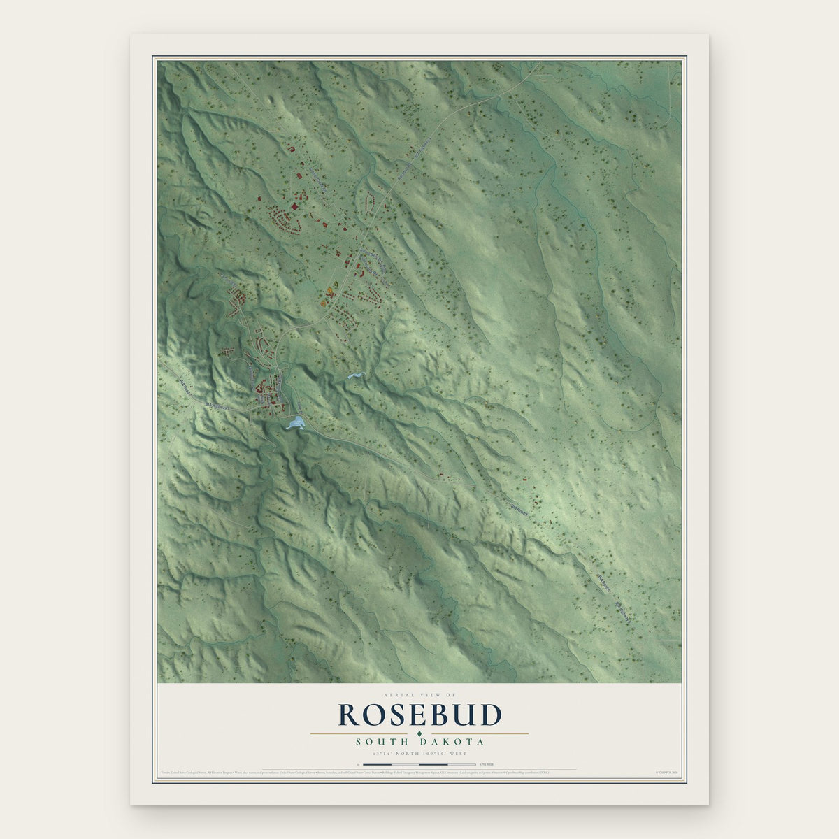 Rosebud, South Dakota map print, the full design