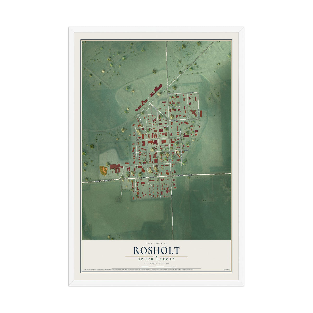 Map of Rosholt, South Dakota, 12 x 18 inch print in a white wood frame