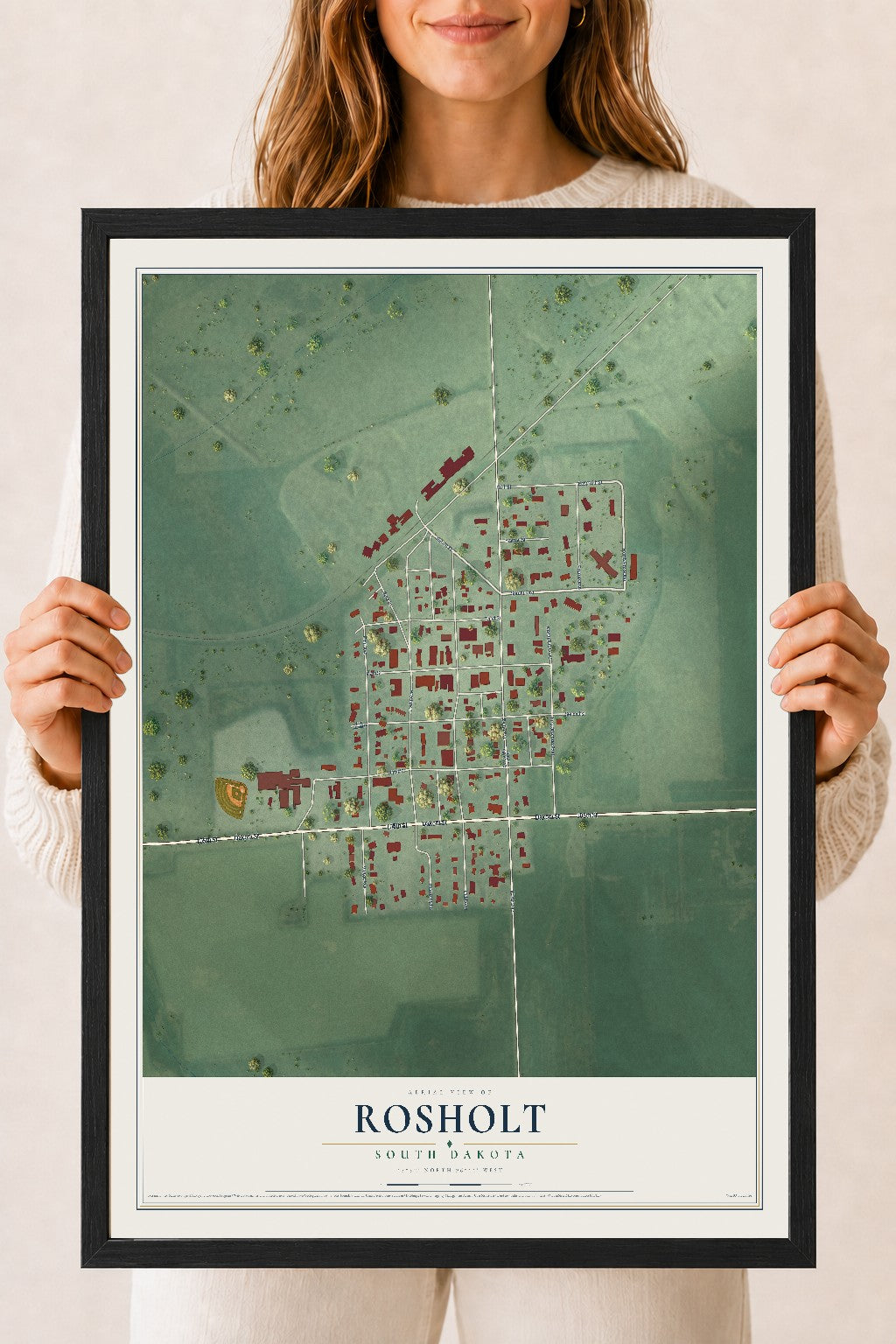 Map of Rosholt, South Dakota, 18 x 24 inch print in a black wood frame