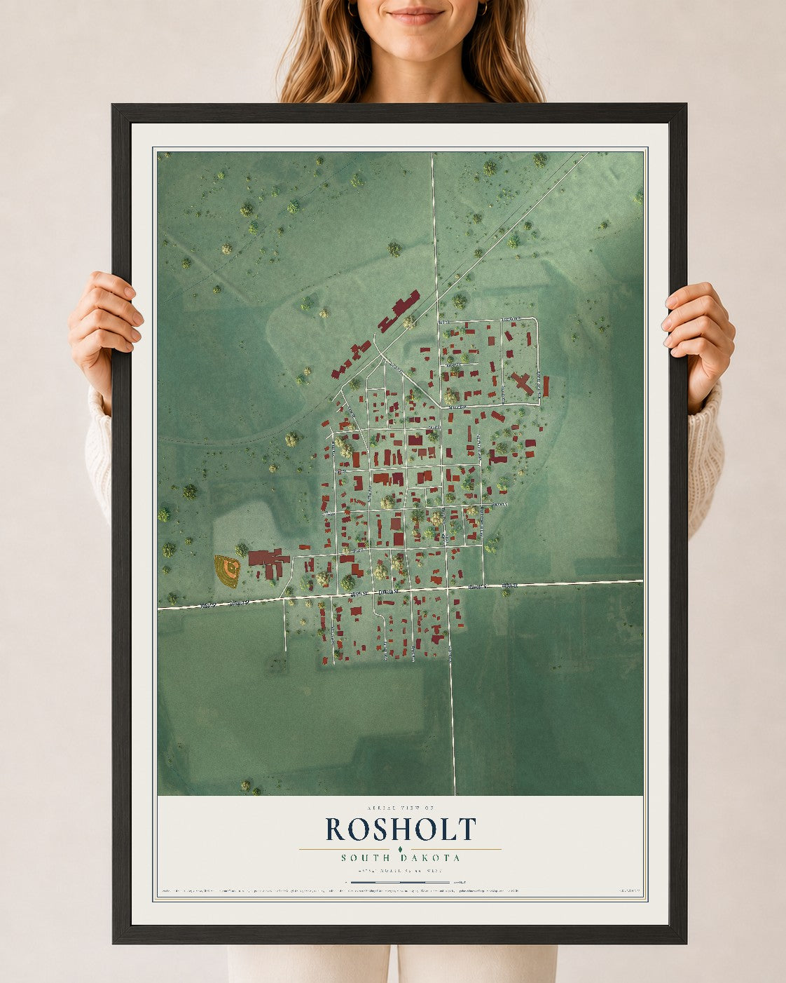 Map of Rosholt, South Dakota, 24 x 36 inch print in a black wood frame