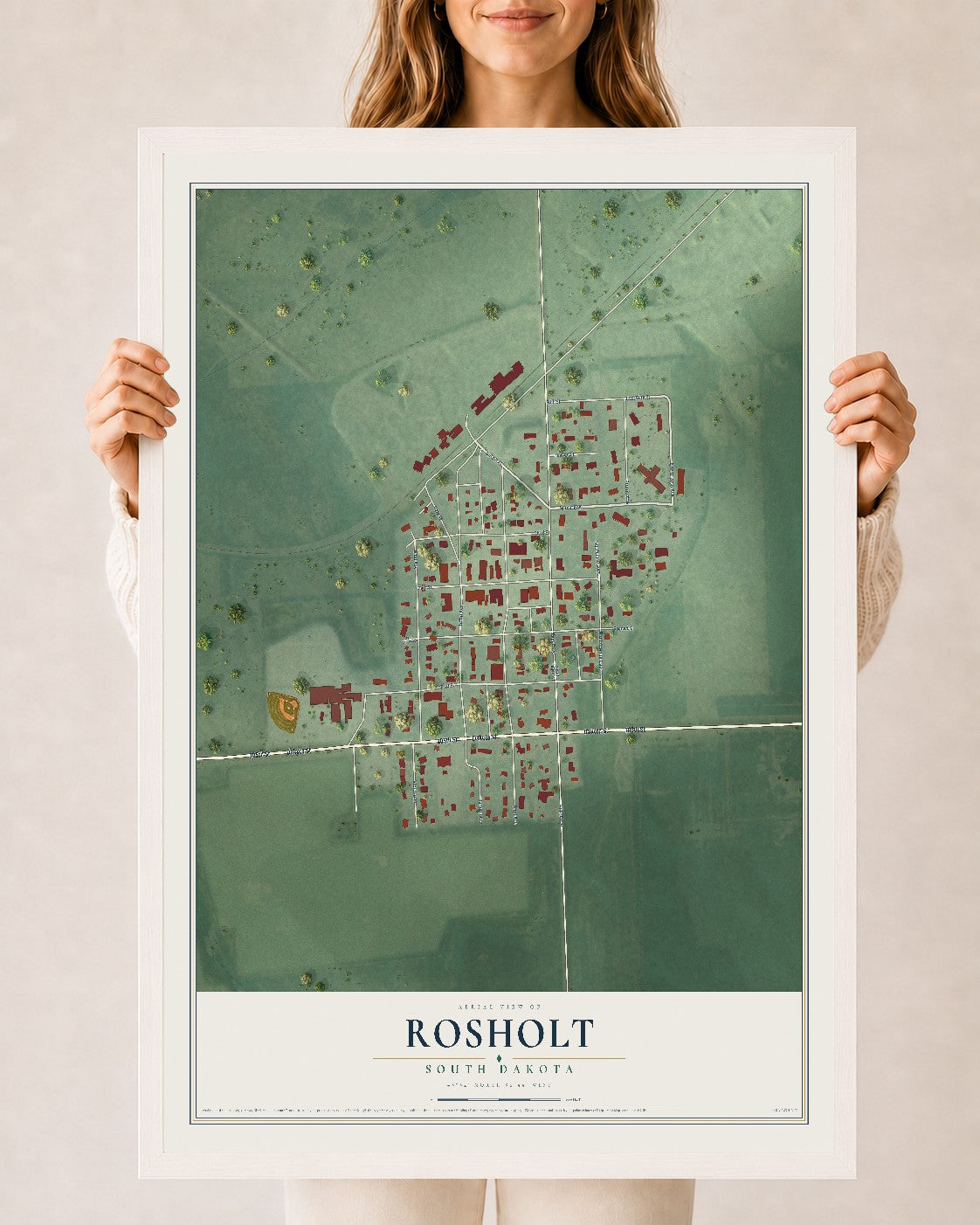 Map of Rosholt, South Dakota, 24 x 36 inch print in a white wood frame