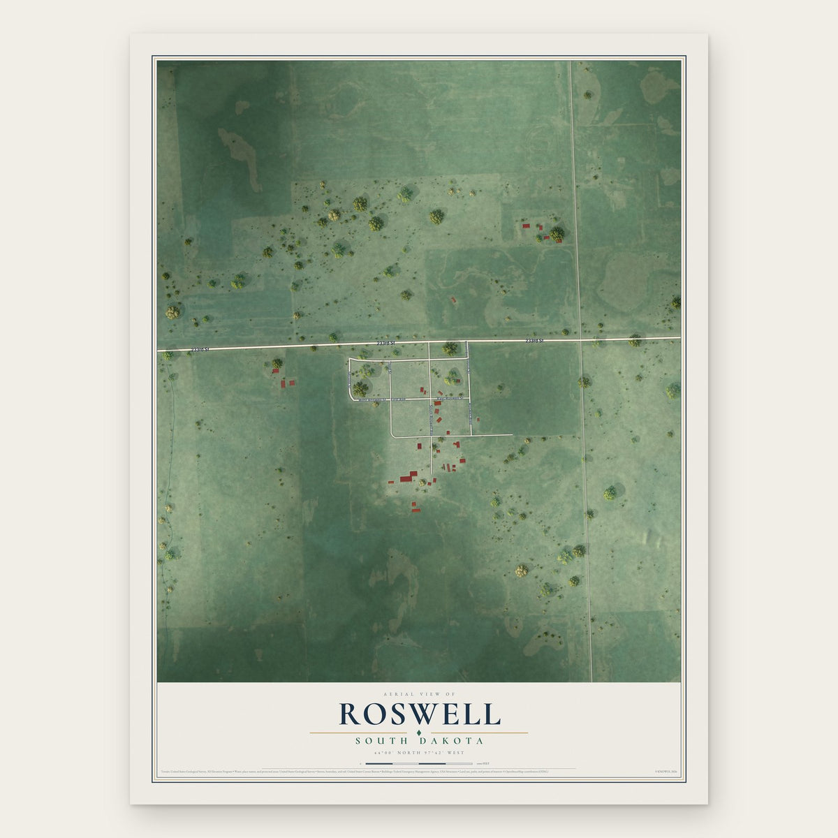 Roswell, South Dakota map print, the full design