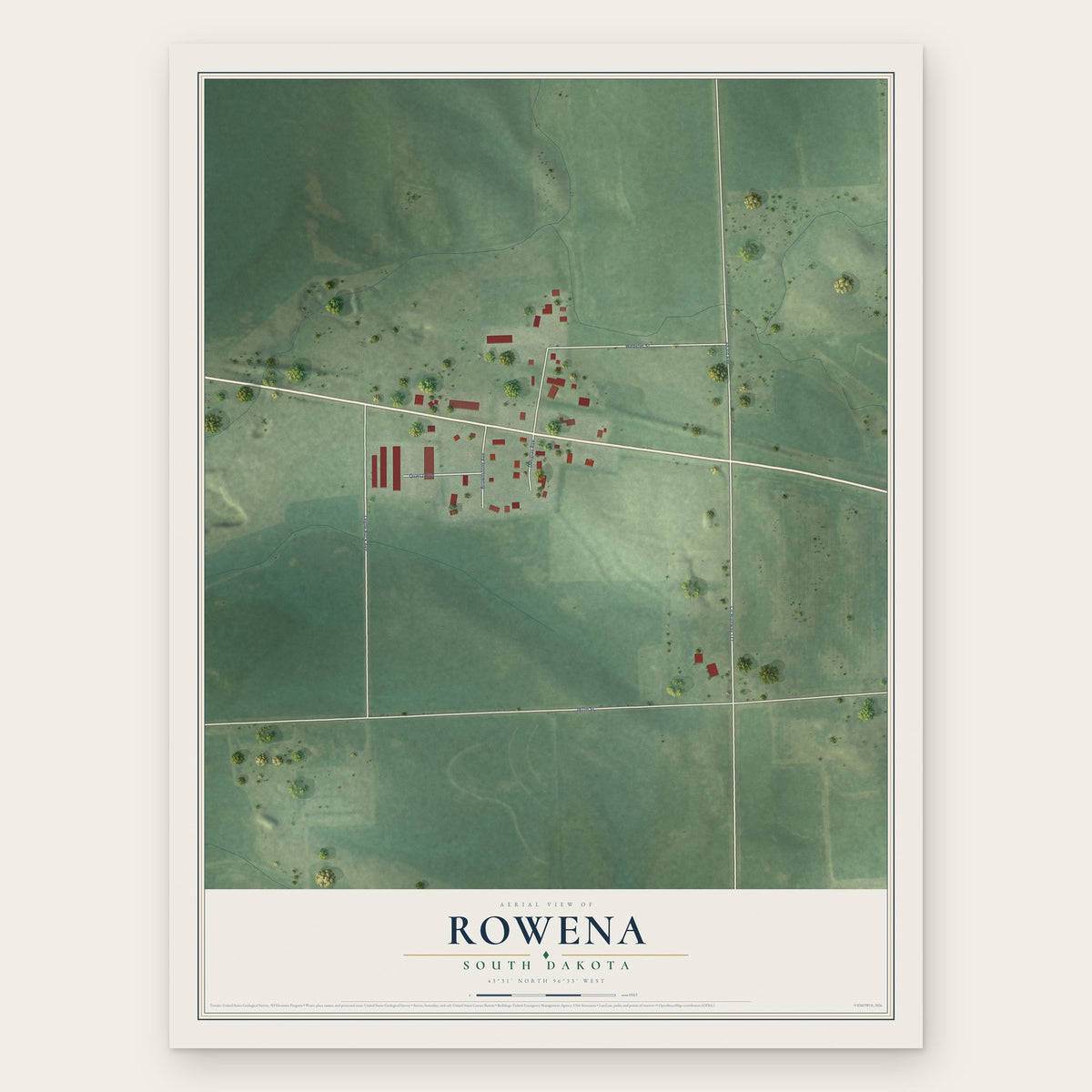 Rowena, South Dakota map print, the full design
