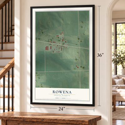 Rowena, South Dakota map, 24 x 36 inch print in a black frame by a staircase