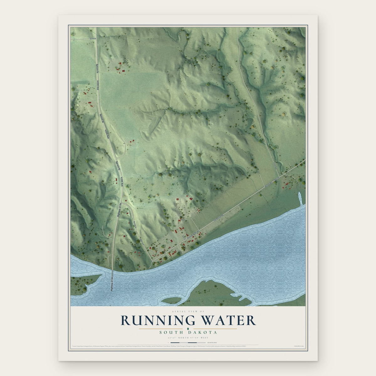 Running Water, South Dakota map print, the full design