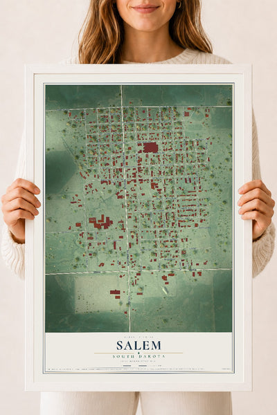 Map of Salem, South Dakota, 18 x 24 inch print in a white wood frame