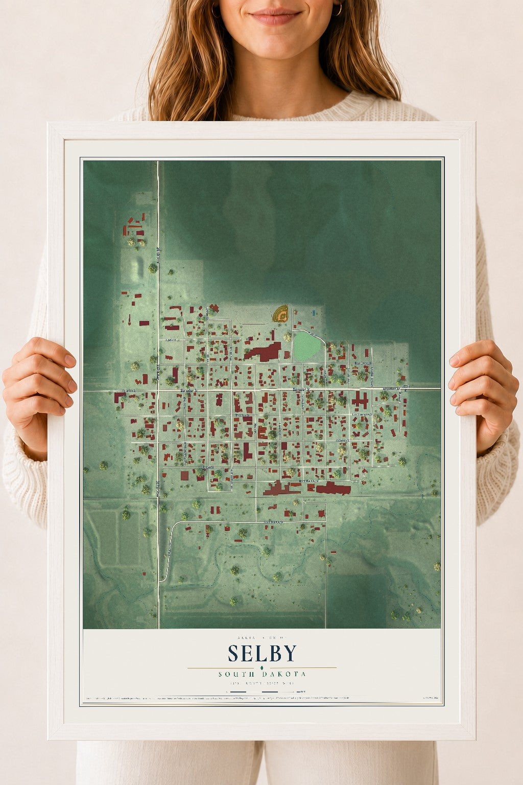 Map of Selby, South Dakota, 18 x 24 inch print in a white wood frame