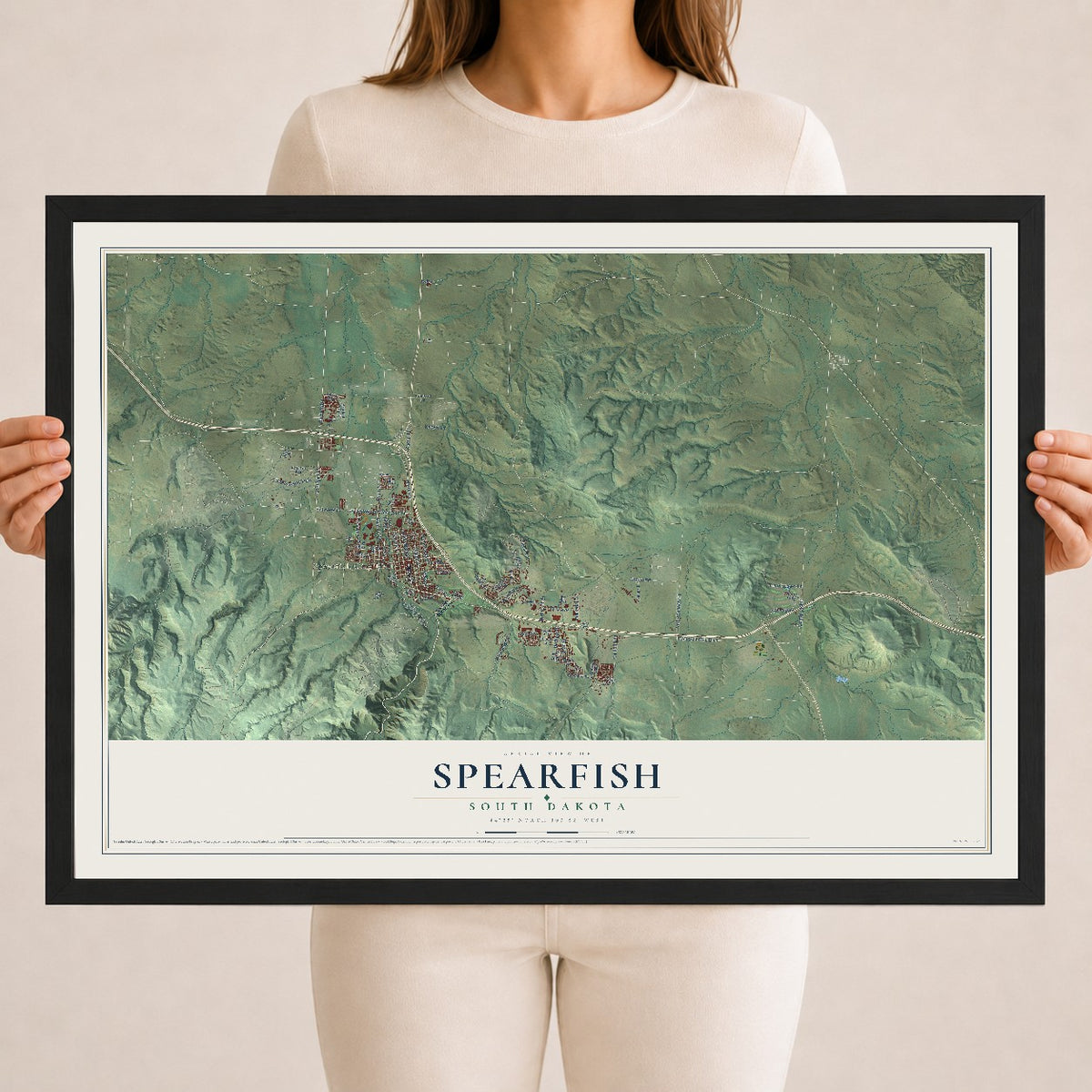 Map of Spearfish, South Dakota, 18 x 24 inch print in a black wood frame