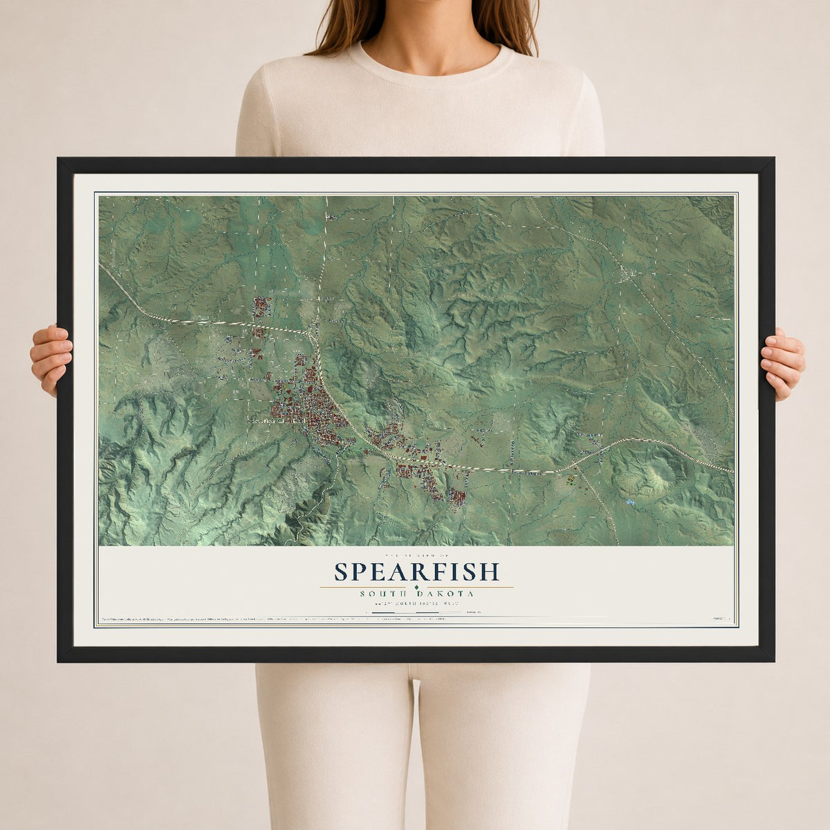 Map of Spearfish, South Dakota, 24 x 36 inch print in a black wood frame