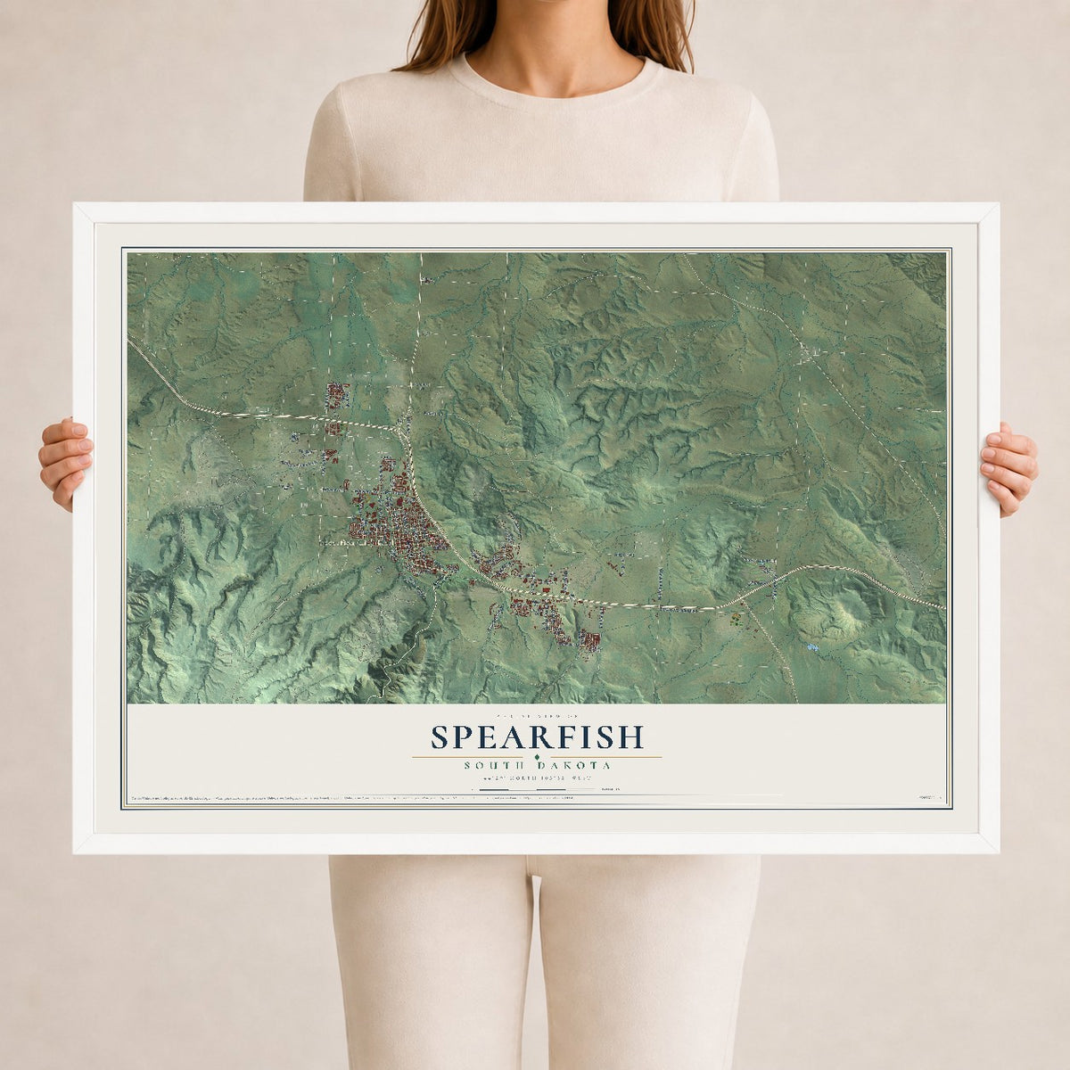 Map of Spearfish, South Dakota, 24 x 36 inch print in a white wood frame