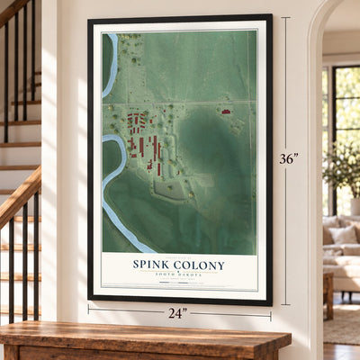 Spink Colony, South Dakota map, 24 x 36 inch print in a black frame by a staircase