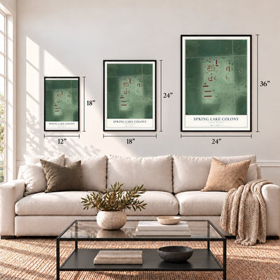 Spring Lake Colony, South Dakota map in 12 x 18, 18 x 24 and 24 x 36 inch sizes above a sofa