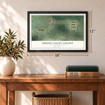 Spring Valley Colony, South Dakota map, 12 x 18 inch print in a black frame in an entryway