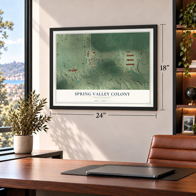 Spring Valley Colony, South Dakota map, 18 x 24 inch print in a black frame in a home office