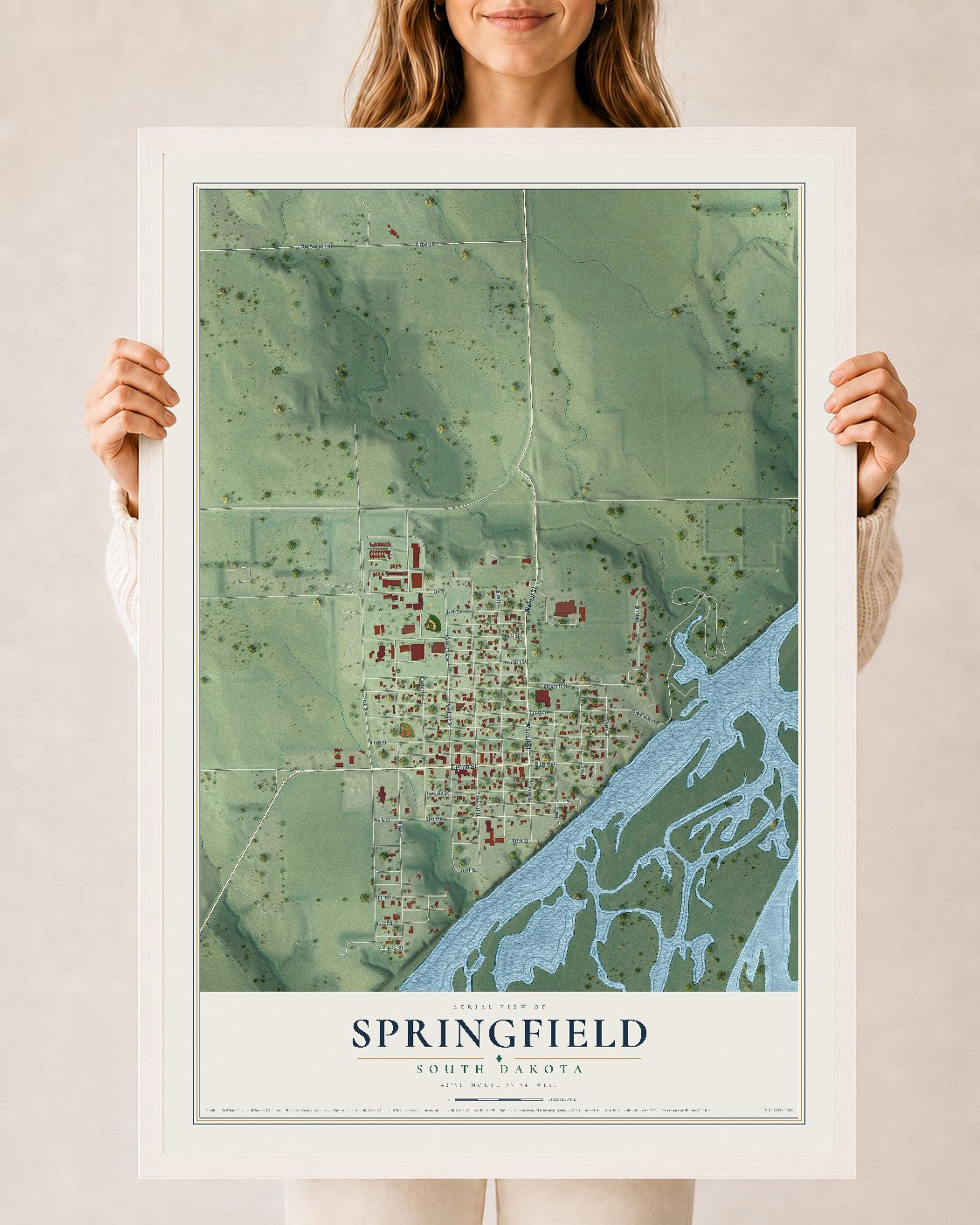 Map of Springfield, South Dakota, 24 x 36 inch print in a white wood frame
