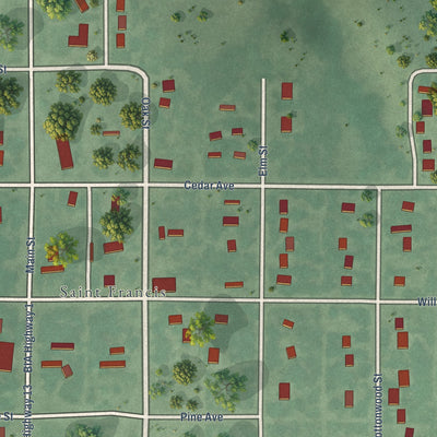Close-up of the map of St. Francis, South Dakota print showing street and building detail