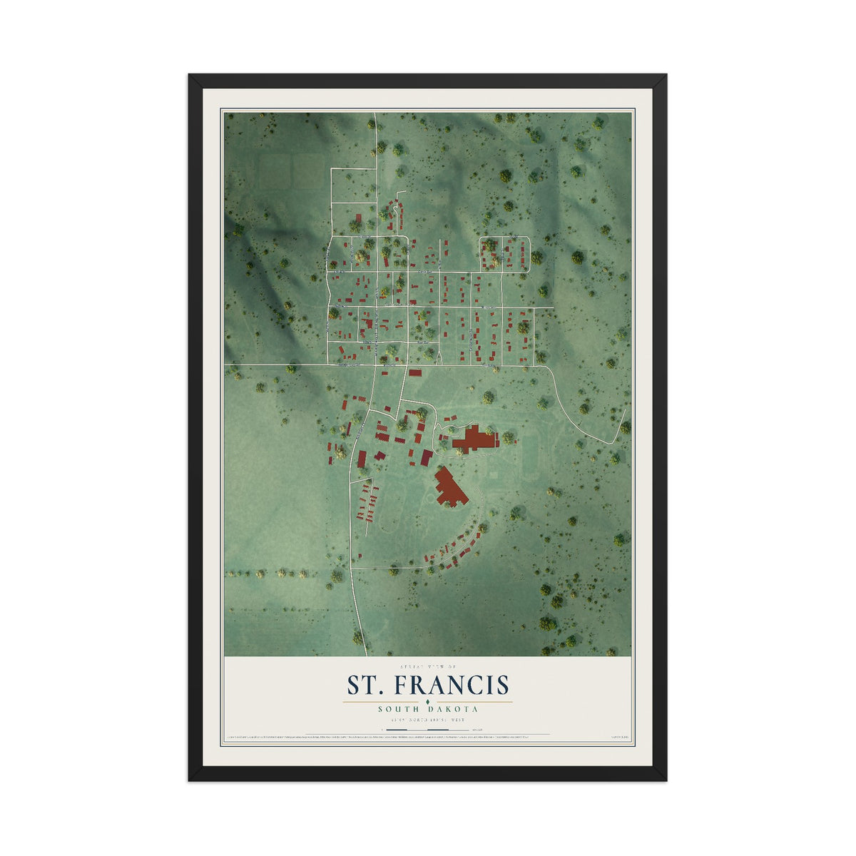 Map of St. Francis, South Dakota, 12 x 18 inch print in a black wood frame