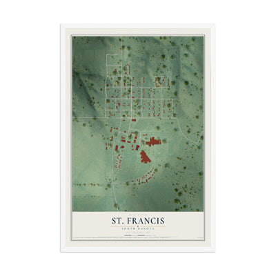 Map of St. Francis, South Dakota, 12 x 18 inch print in a white wood frame