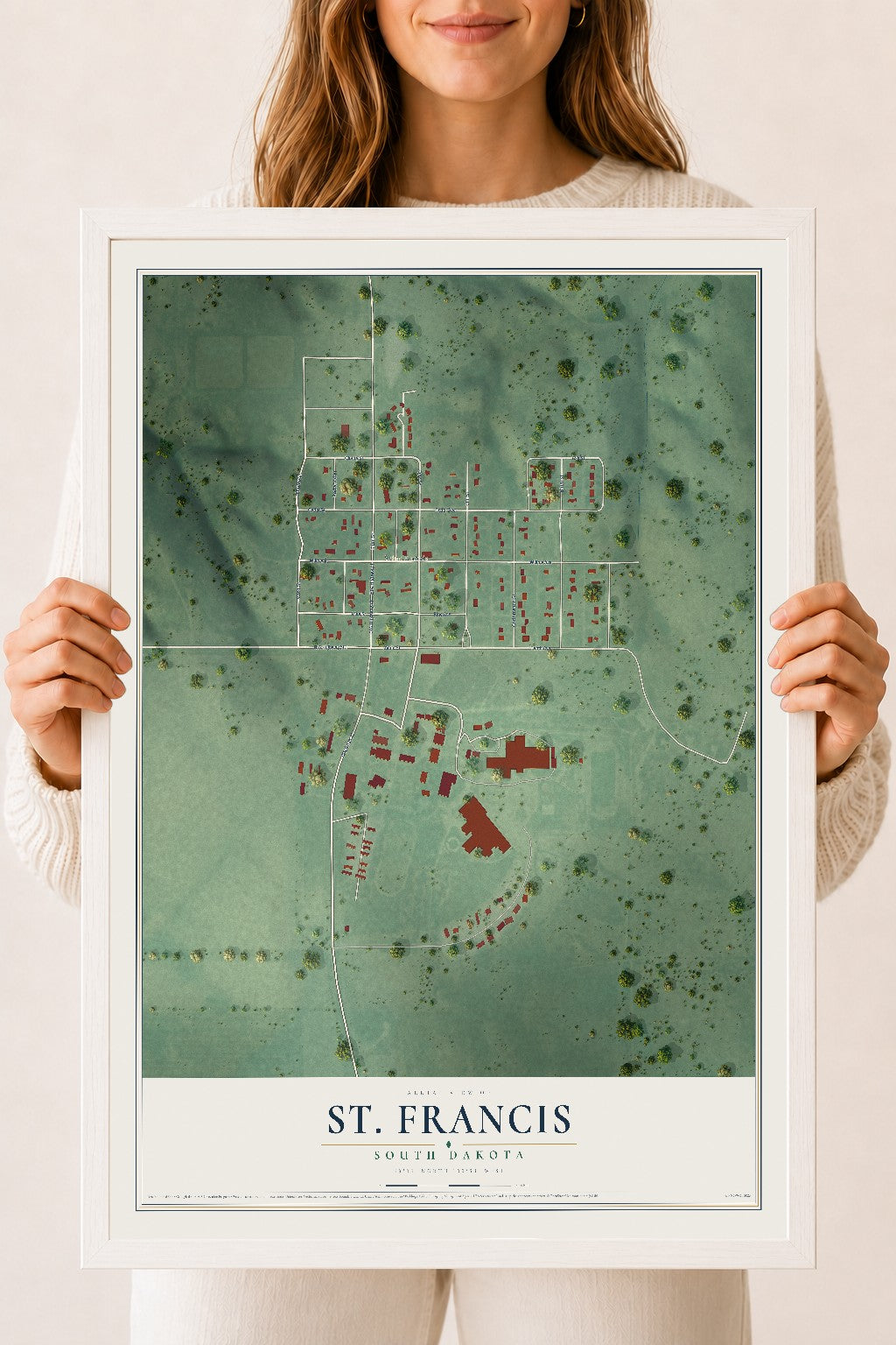 Map of St. Francis, South Dakota, 18 x 24 inch print in a white wood frame