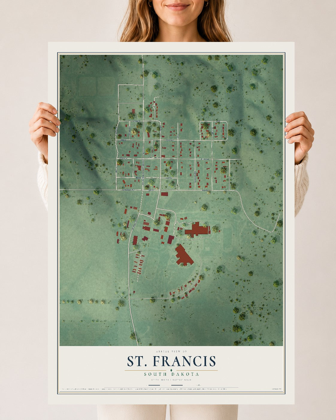 Map of St. Francis, South Dakota, 24 x 36 inch unframed archival matte print